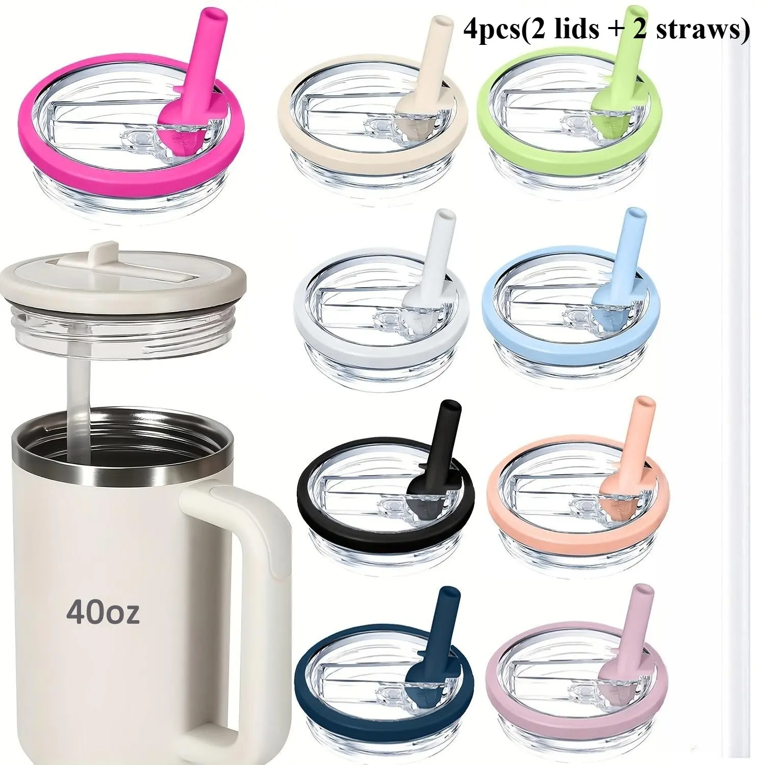4pcs Foldable Straw Cup Set, Leak-Proof Lids Replacement Pack, 2 lids + 2 straws 40oz Cup Accessories, Stanley Straw Lid, Dustproof Straw Cover, Car Cup Holder, Tumbler Straw Lid, Lid And Straw