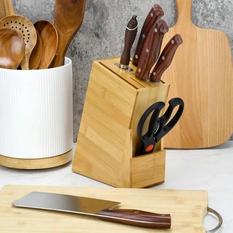 Wooden 6-Slot Countertop Knife Block - Storage with Scissors Slot for Knives Kitchen Set, Home Kitchen Organizer