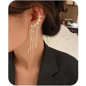 2PCS Glitter Rhinestone Long Tassels Dangle Ear Cuff Vintage Non-Piercing Fake Earrings Bridal Wedding Climber Ear Wrap Prom Ball Jewelry for Women Girls