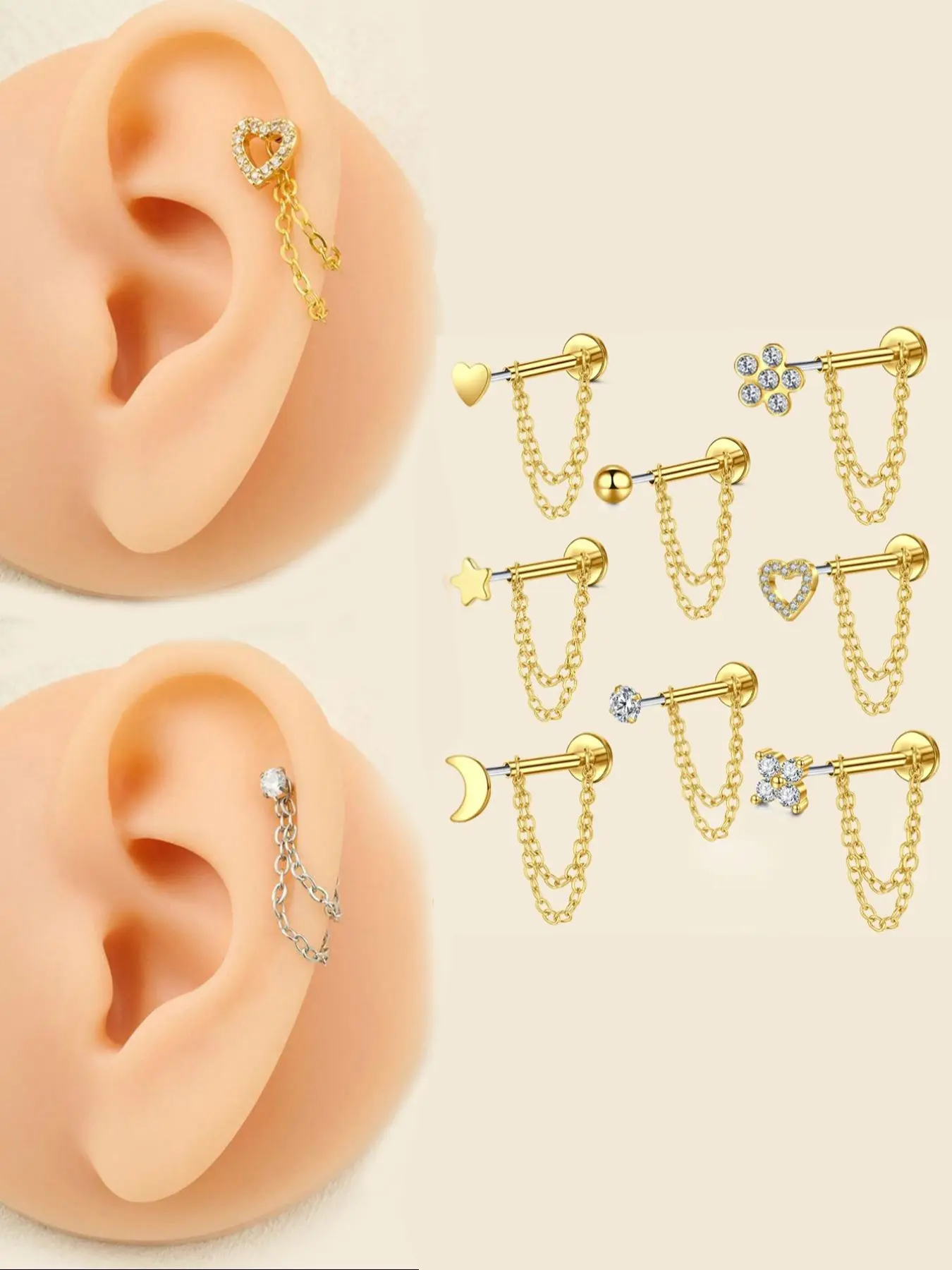 Unisex Stainless Steel Cz Heart Chain Earrings, 20g Push-Back Studs, Fashionable Jewelry Gift for Birthdays & Special Occasions, Chain Style, Trendy Fashionable Accessories, Zircon Stud Earrings, Cubic Zirconia