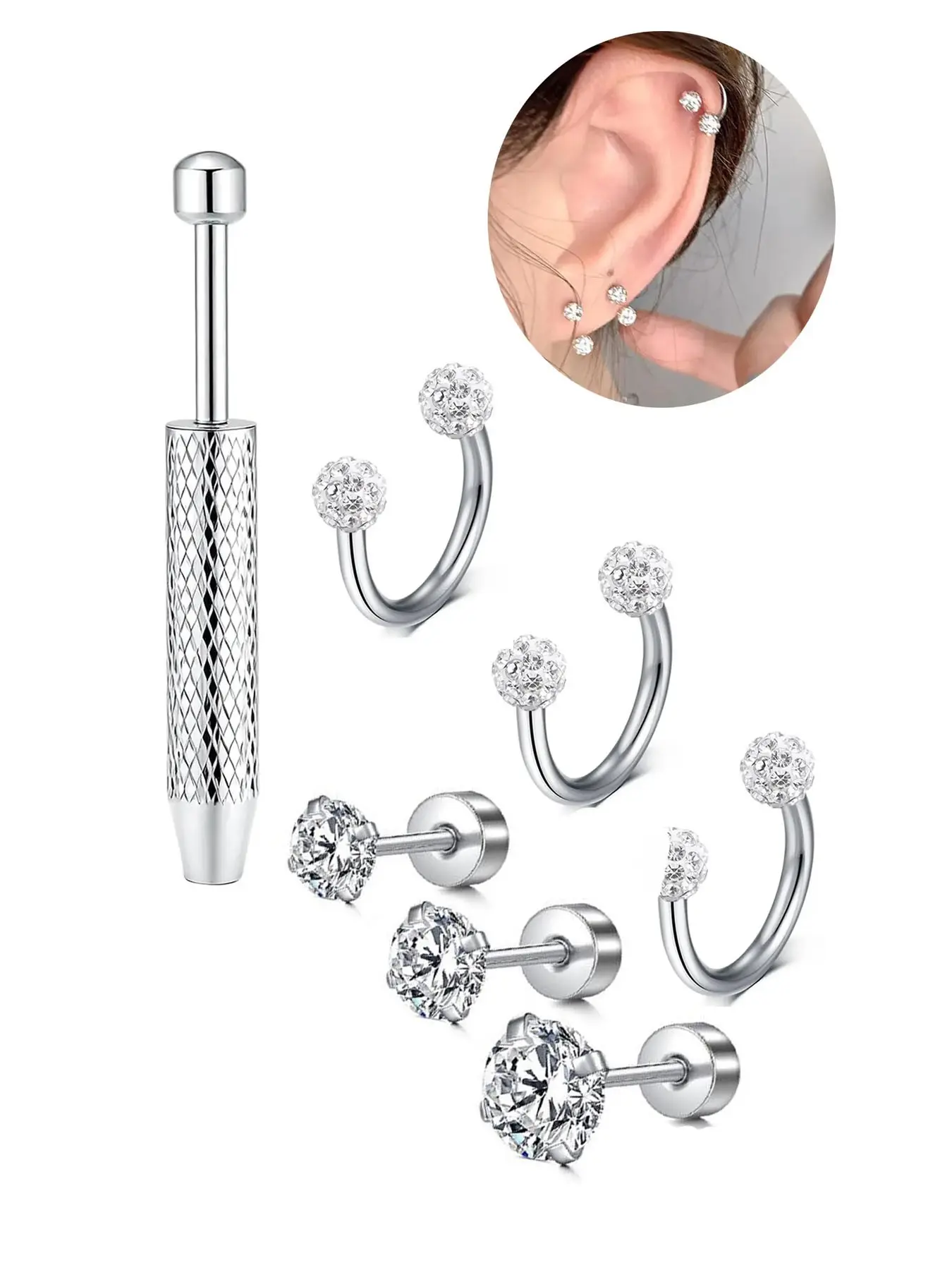 Hypoallergenic Piercing Jewelry Set for Ear, Nose, Lip - Internally Threaded Cartilage Earrings with CZ Sparkle Ball and Horseshoe Rings, Includes Taper Tool
