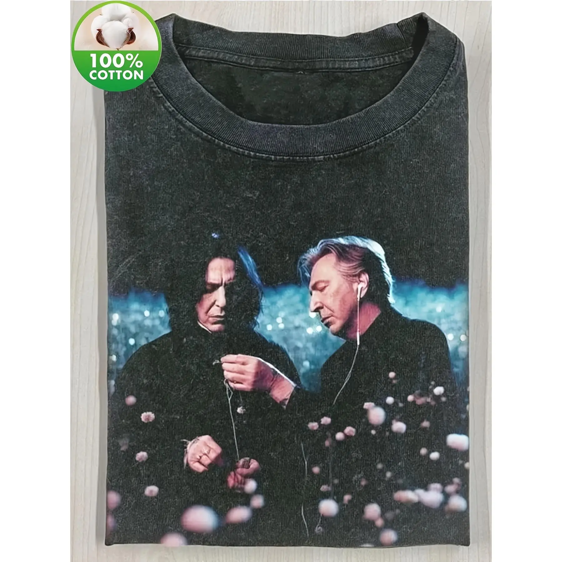 Men's Shortsleeve Graphic Tee, Vintage Washed Retro Style, Snape Floral Portrait, Soft 100% Cotton Fabric, Crew Neck Menswear Top, Round Neck, Dual Print