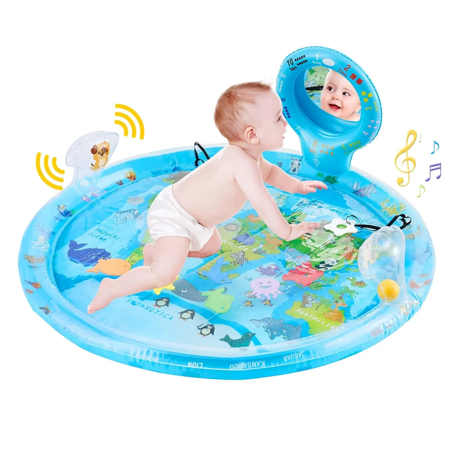 Tummy Time Mat Extra Large 31.5"*31.5"  3-12 Months Baby, Inflatable Water Playmat with Mirror, Teethers, Rattles & Squeaker, Sensory Activity Center  Motor Development, Visual Stimulation