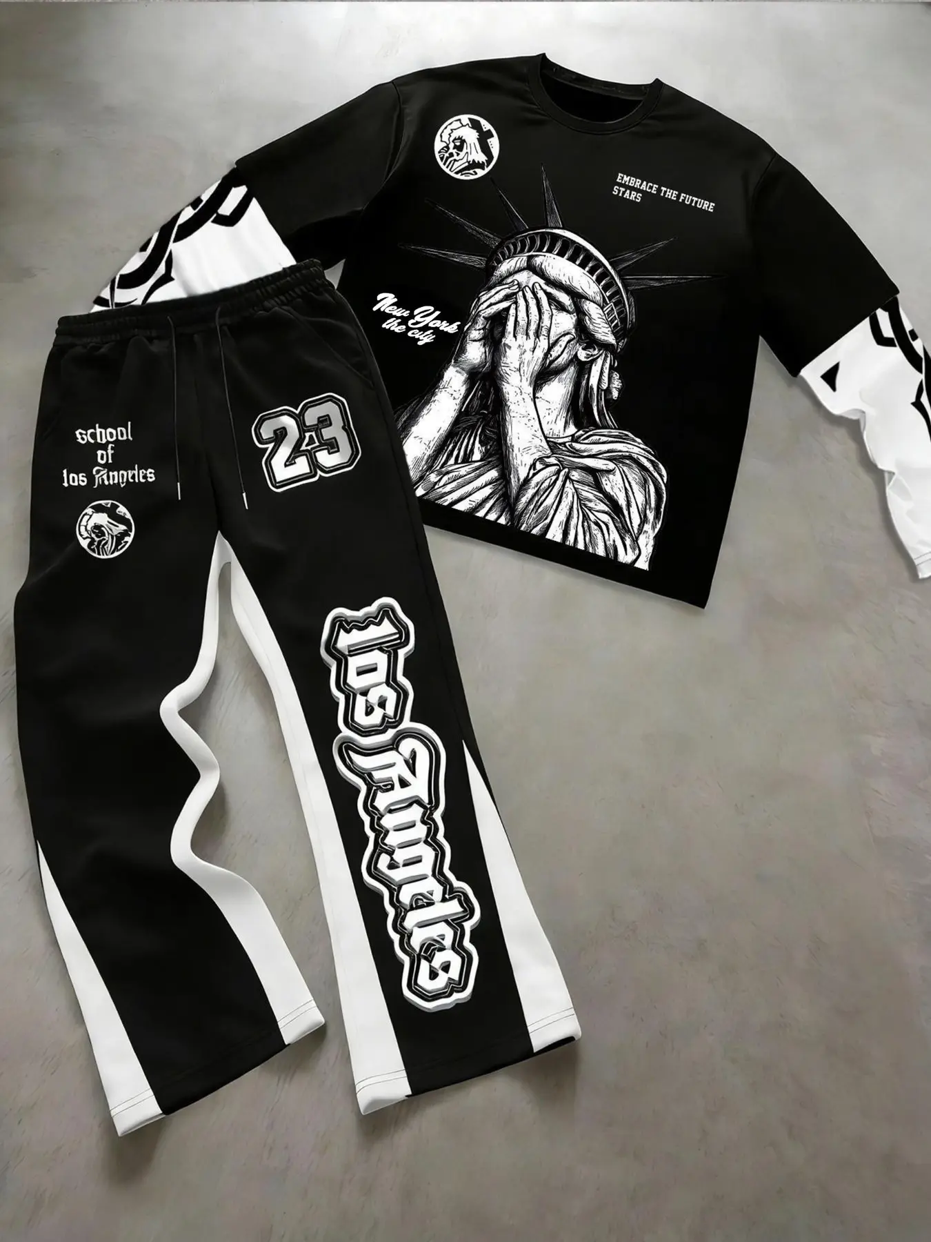 Unisex Streetwear Liberty Statue Print Long Sleeve T-Shirt & Los Angeles Letter Print Sweatpants, Casual Fitted Matching Suit, Y2K Style, Couple, Trend, Clothes, Fashion Clothes Set