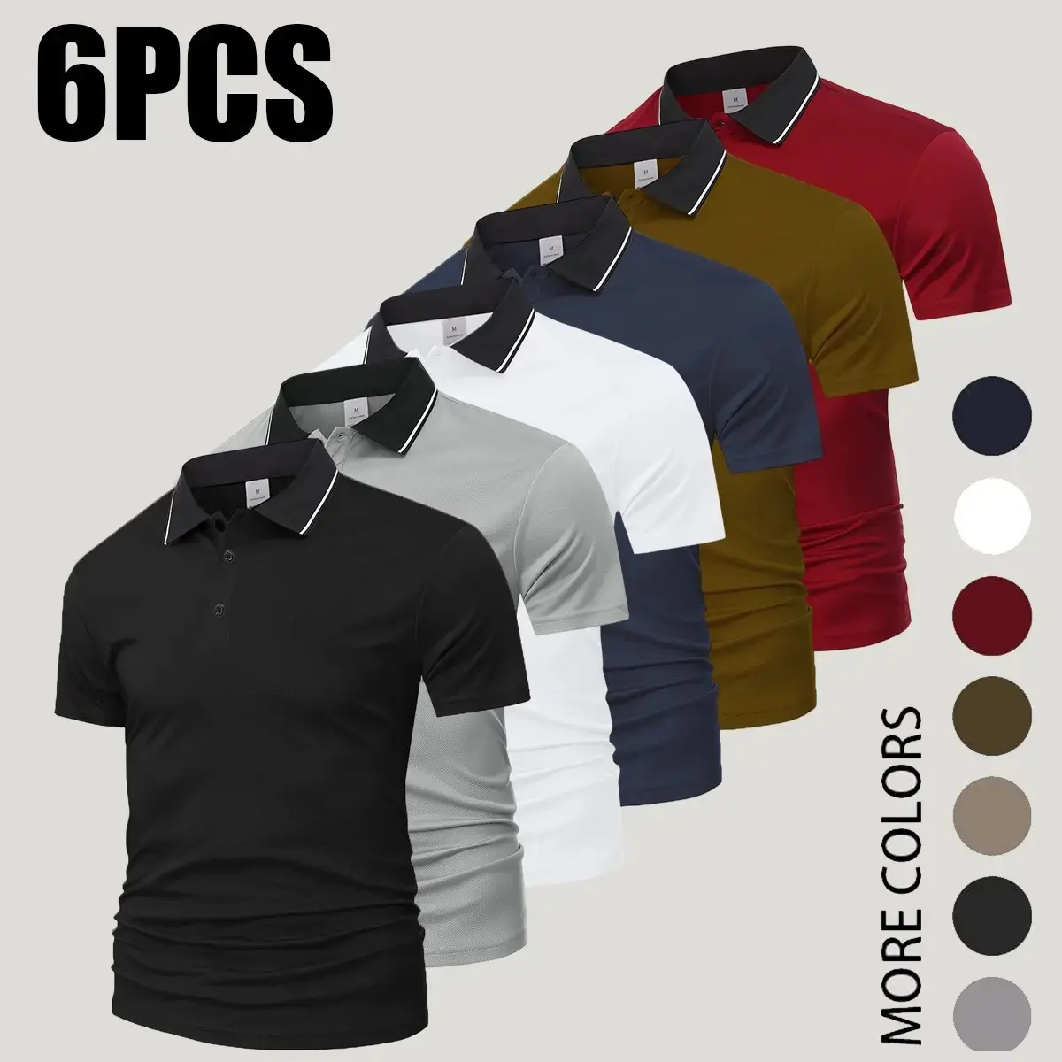 Men’s formal polo shirt set of 6 — mature style with a turn-down collar that flatters the figure; summer solid-color minimalist short sleeves; versatile multi-pack