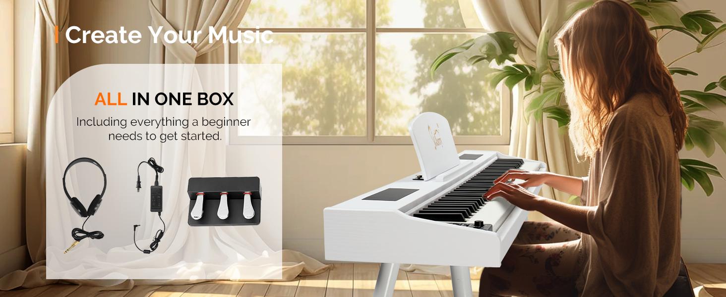 GLARRY Digital Piano Keyboard with Stand, Portable 88 keys Semi-Weighted Electric Piano with Pedal for Beginner, Bluetooth, Triple Pedals, Power Supply, 2 Speakers