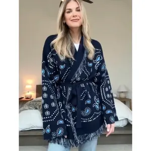 Tassel Patchwork Printed Cardigan Women Geometric Patterns Belts V-neck Long Sleeve Knitted Street Lady Sweater 2025 Autumn Coat