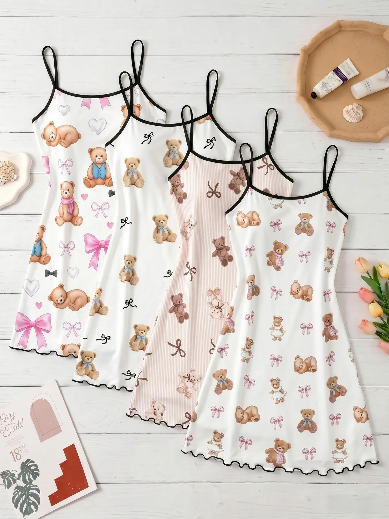 4-Pack Cute Bear Print Nightdresses, Bowknot Sleeveless Slip Sleepwear & Loungewear Set, Slim-Fit H-Type Pajamas for Women, All-Season Comfortable Home Wear Pjs