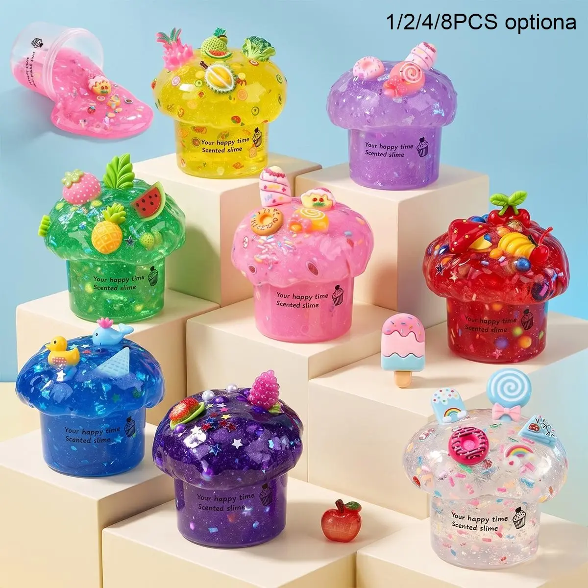 Crystal Slime Kit, Multicolor Fruit Dessert 3D Accessories, DIY Bubble Gum, Soft Stretchy Formula, Stress Relief Craft Toy for Kids