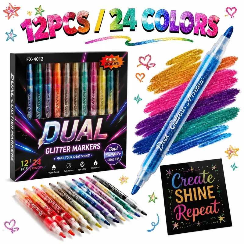 12PCS 24 Colors Glitter Dual Markers, Arts Crafts Supplies, feature sparkle colors and a comfortable writing experience, with two glitter shades, create stunning color transitions and smooth application for writing, decorating, and artistic designs