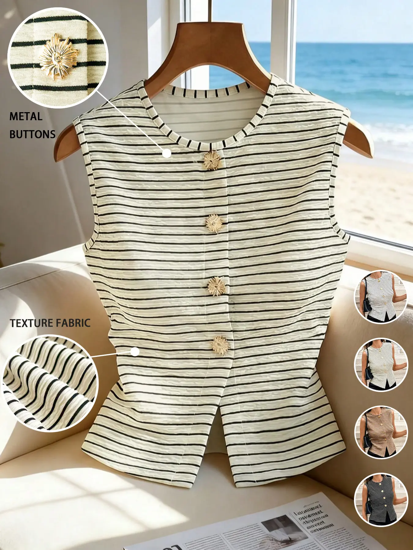 Women's Casual Versatile Texture Striped Button-Up Top, Elegant Versatile Fashionable Striped Knit Sleeveless Cardigan With Metal Decor Button, Suitable For Commuting, Office, Date, Party And Casual Wear， Stylish and Practical Clothing for All Seasons