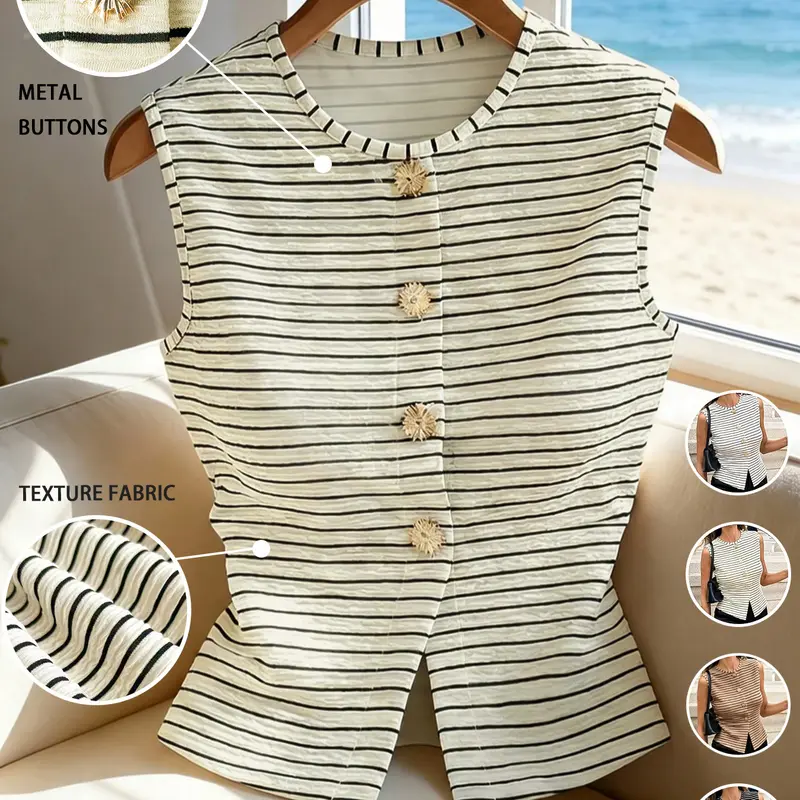Women's Casual Versatile Texture Striped Button-Up Top, Elegant Fashionable Aesthetic Knit Sleeveless Cardigan With Metal Decor Button, Suitable for Commuting, Date, Party and Casual Wear, Stylish and Practical Clothing for All Seasons