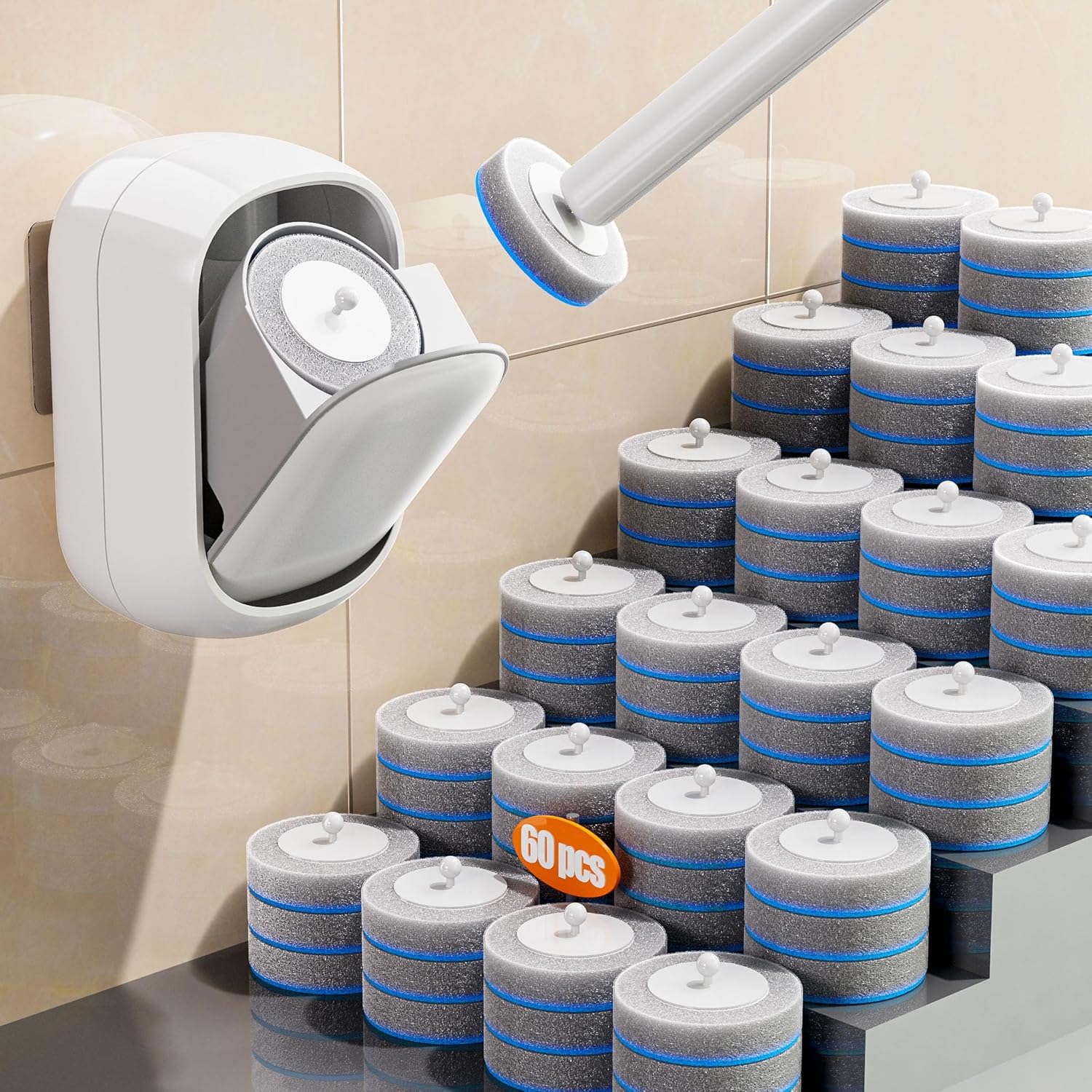 Disposable Toilet Brush and Holder Set with 18 Bowl Wand Cleaners Refill Pads, Bathroom Wall Mounted Toilet Bowl Cleaners Kit.