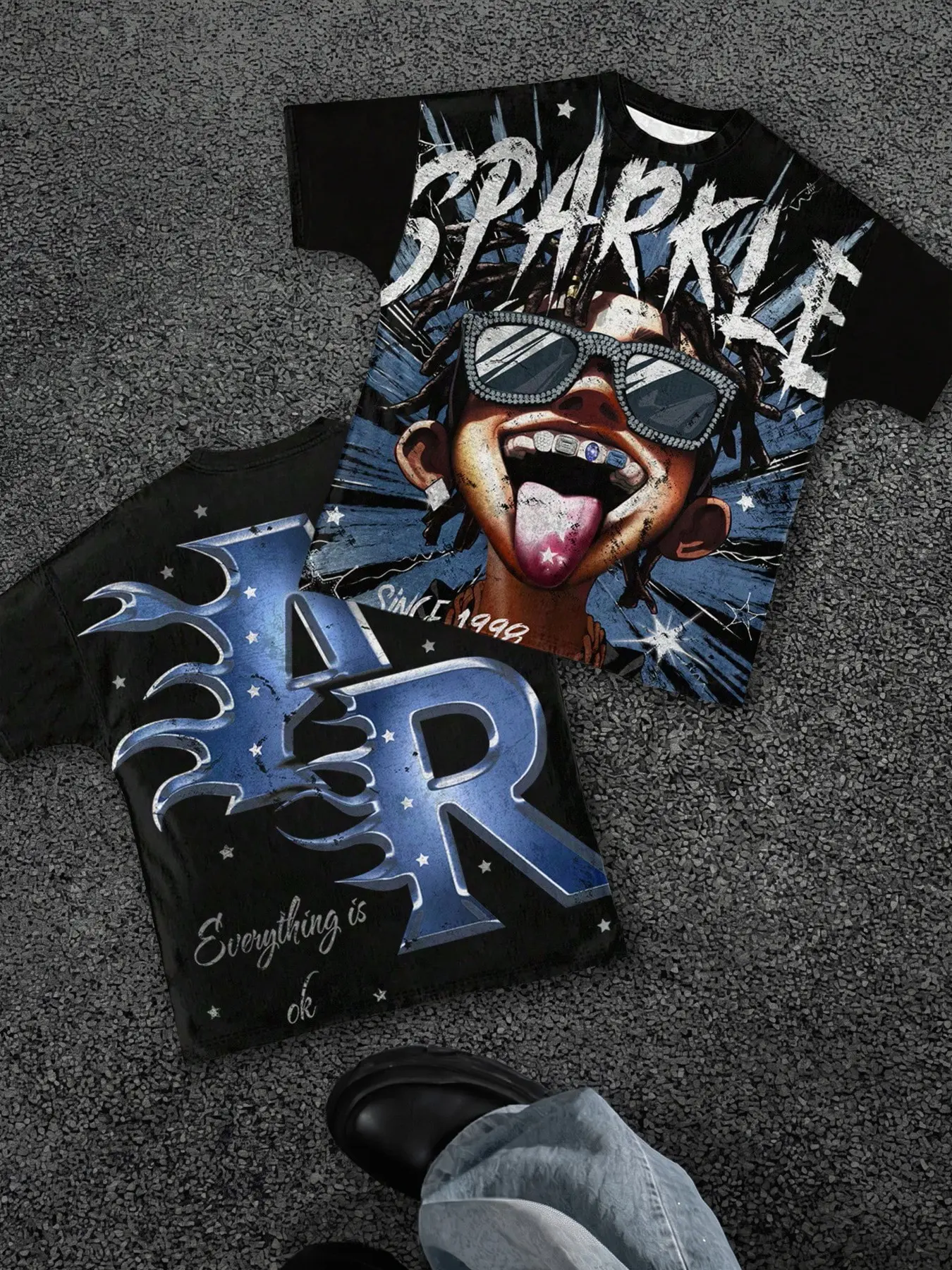 Unisex 90s Vintage Hip Hop Short Sleeve T-Shirt Soft Solid Black Base Double Sided Front Back Graphic Distressed Sparkle Torn Font Dreadlock Diamond Sunglasses Boy Portrait Radiate Lightning Star Background Metal Blue Thorn AR Letter Oversize