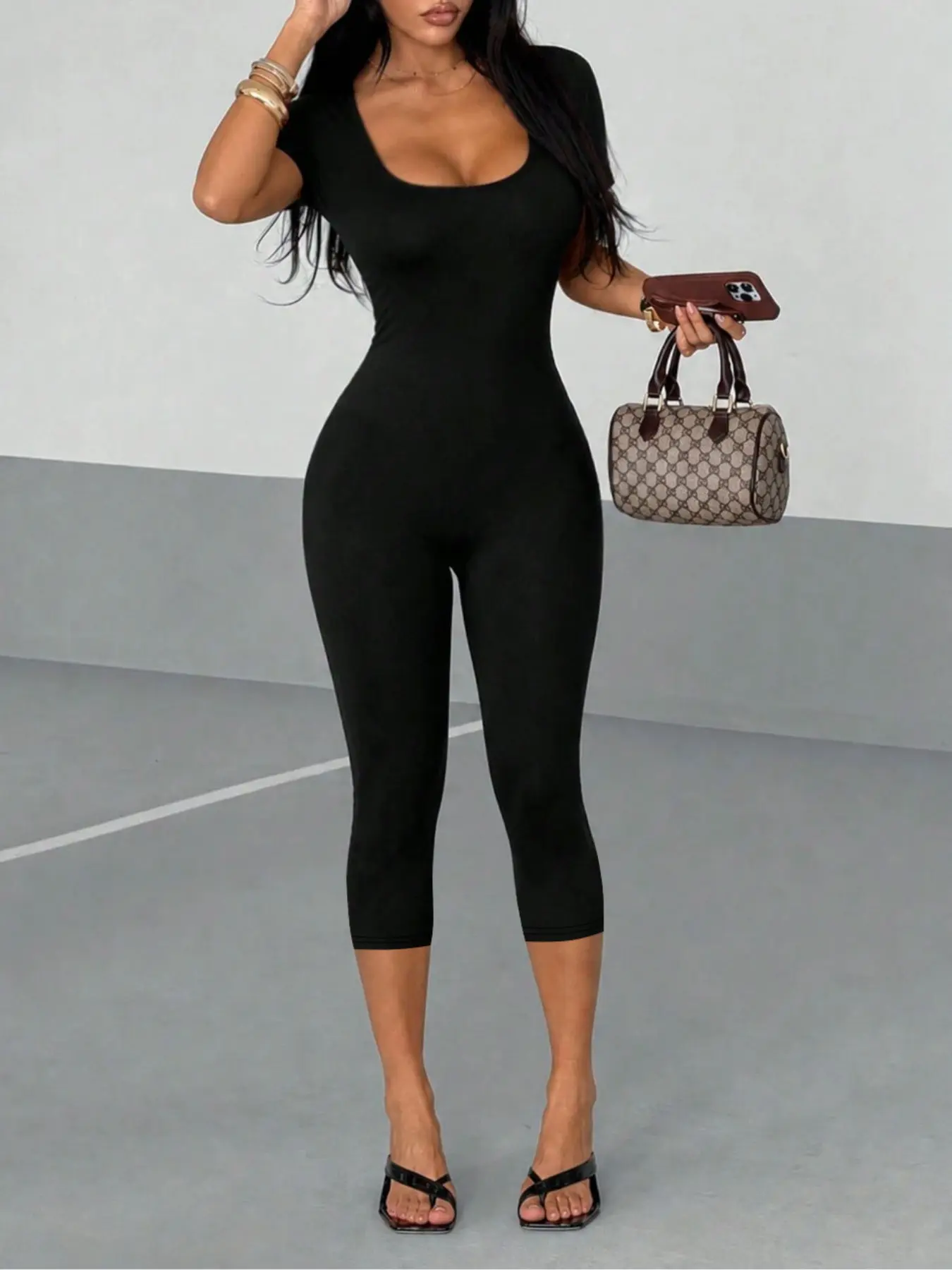 Women's Jumpsuit, Fashionable Versatile Sexy Seven-Quarter Leg, High Elastic Slim Fit Daily Wear, Elegant Style Solid Plain Surface