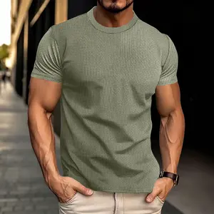 Men's Lightweight Waffle T-Shirts Short Sleeve Crewneck Knit Textured Tees Summer Casual Solid Knitted Pullover Tops