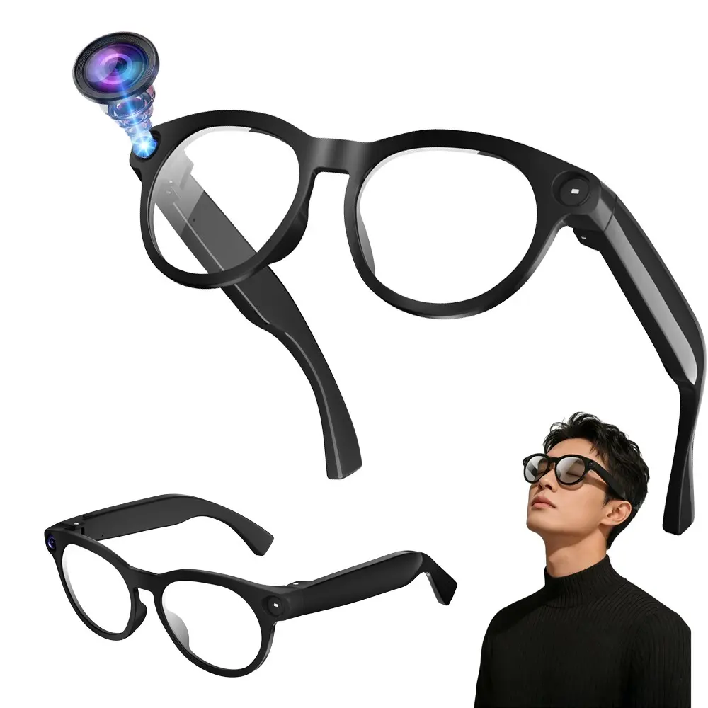 AI Smart Glasses for Travel ,8MP Camera, Video Recording, 4GB Memory, 290Mah Battery,AI Real Time Translation, Video Call Translation,Build-in Mic & Speakers, Bluetooth Calling, Music Control , 2 Lenses Total (Transparent +Black)