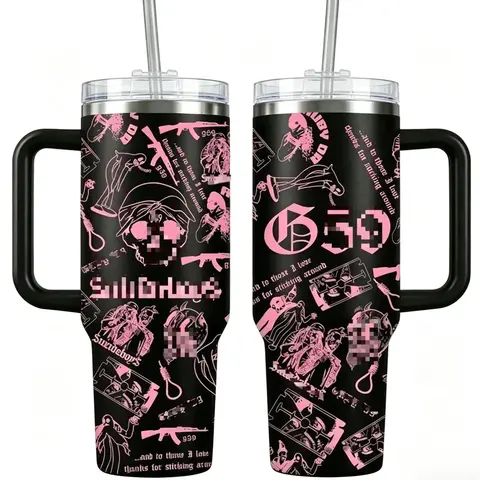 40oz Insulated Tumbler, Multicolor Skull Collage Aesthetic Travel Mug, Dark Trap Goth Underground Rap Style Cup, Premium Stainless Steel Heat Cold Retention Drinkware