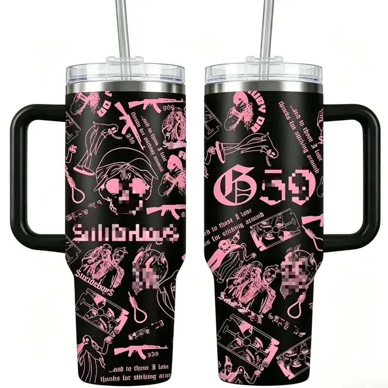 40oz Insulated Tumbler, Multicolor Skull Collage Aesthetic Travel Mug, Dark Trap Goth Underground Rap Style Cup, Premium Stainless Steel Heat Cold Retention Drinkware