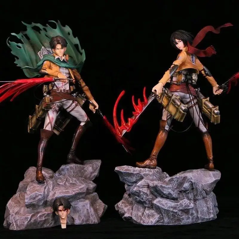 Attack On Titan Gk Figure Levi Ackerman Mikasa Ackerman Battle Damaged Double Head Sculpt Anime Pvc Statue Collectible Model