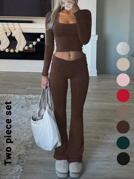 Women's Solid Color Square Neck Crop Tee & Flare Leg Pants Set, Casual Fashion Cozy Two Piece Outfits for Daily Outdoor Wear, Airport Outfit