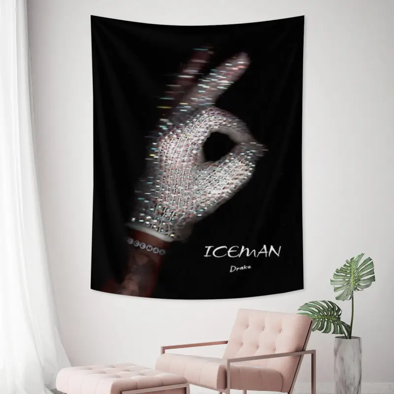Drake singer Iceman Tracklist Album Tapestry - Glitter Rhinestone Sequin Glove Making OK Gesture Black Background Poster Wall Hanging, Rap Music Fabric Banner, Cool Aesthetic Room Decor Dorm