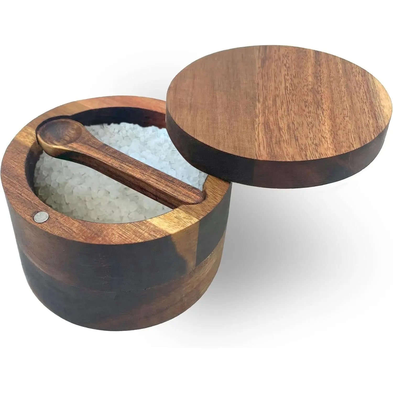 6.5 Ounce Acacia   Box with  In Spoon and  Rotating Lid Elegant Kitchen Salt Container Holder for Storing Pepper Spices Salt or Your Favorite Seasonings