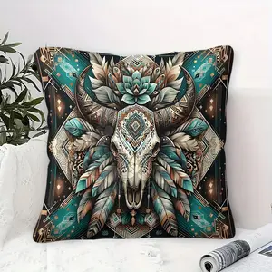 Retro Bull's Head Print Throw Pillow (Insert Included) — High-Definition Digitally Printed Cushion, 45cm Square Soft Pillow, Breathable and Comfortable Sofa Cushion, Zipper Closure, Machine Washable