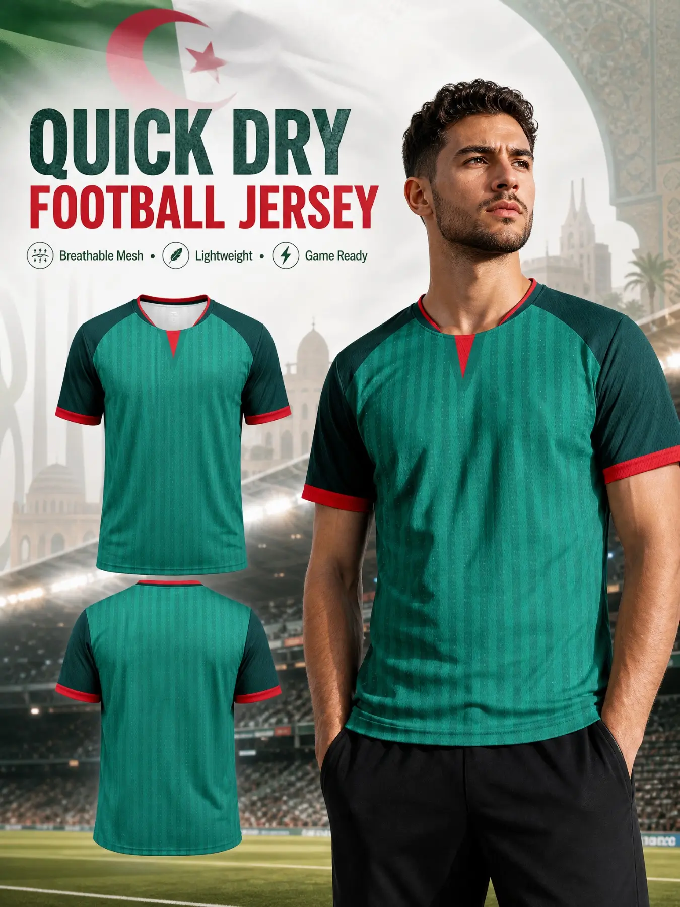 Algerian Pattern Raglan Football Short Sleeve, Colorblock Edge Quick-Dry Mesh, Breathable Moisture-Wicking, Training & Daily Wear