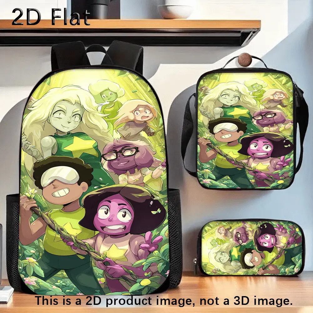 Kids' Durable Water-Resistant 3-Piece Backpack Set Pack - Back to School Bag with Lunch Box, Emergency School Kit, 15in Laptop Pocket, Soft Breathable Padded Straps, Green Forest Steven Universe All Crystal Gems Anime Graphic Print, Zipper Closures, Anime
