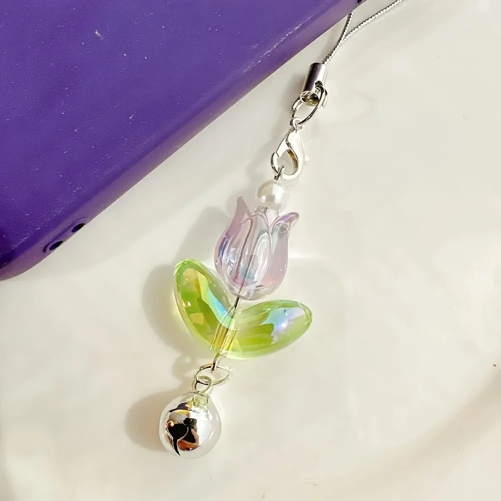 A Charming Acrylic Phone Charm in The Shape of a Tulip, Featuring a Bell And Pearl Decorations, Suitable for Keychains, Backpacks, And Car Key Additions
