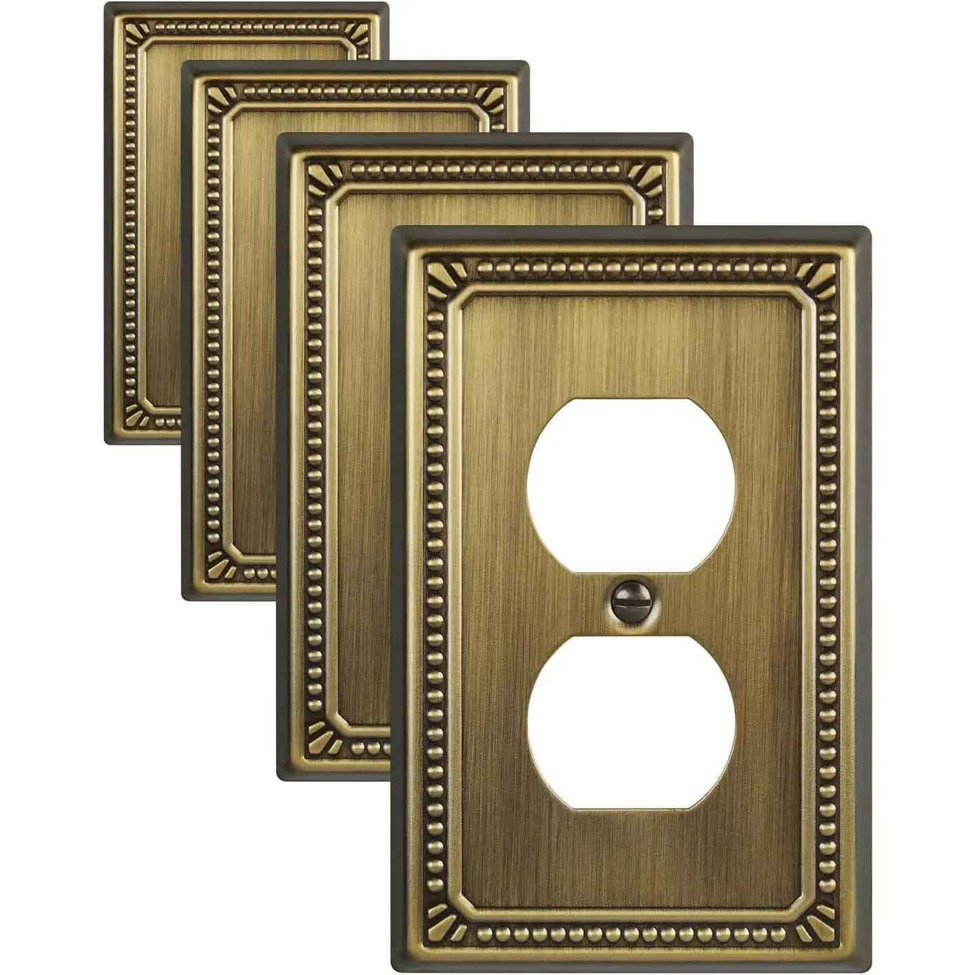 Metal Wall Plates, Switch Plates and Outlet Covers, Decorative Pearl Design (1 Duplex 4PK, Antique Brass, Midsize)
