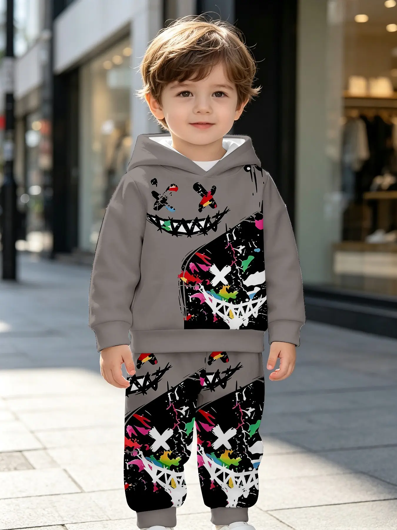 Boys' Light Hoodie and Pants Set, Colorful Splatter Print, Fall & Winter Casual, Perfect for Parties and Gifts