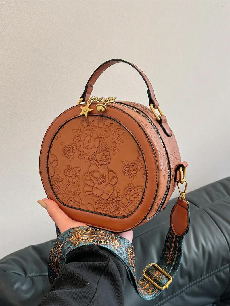 Vintage Floral Pattern Handbag, Floral Embossed Satchel, Fashionable Elegant Embossed Bag, Star Decorated Crossbody Bag for Women 2025, Trendy Luxury Designer Matching Shoulder Everyday Bag for Women, Crossbody Purses