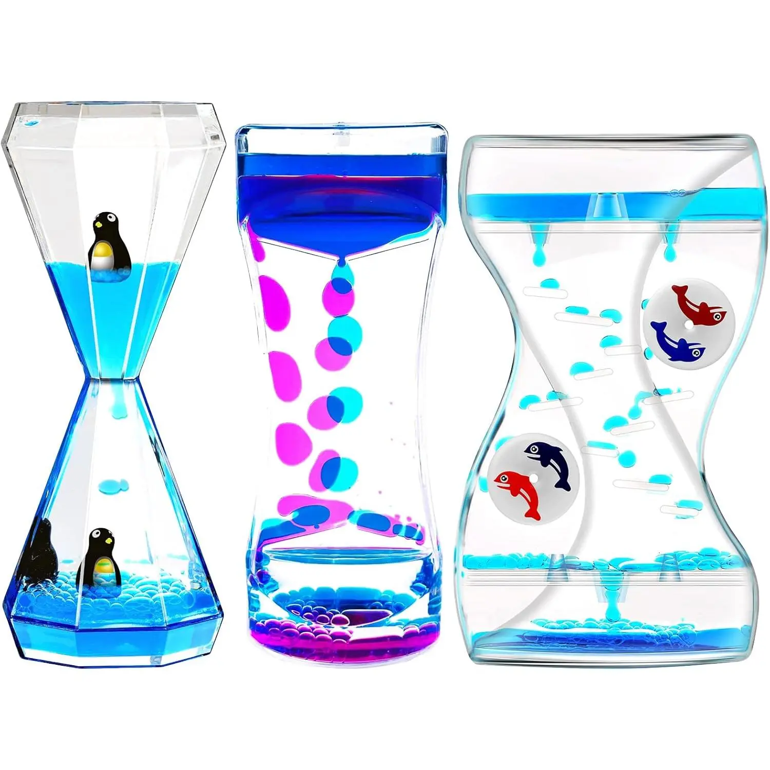 Sensory Liquid Motion Bubbler Timers Set for Kids and Adults, 3 Pack Hourglass Different Shapes for Desk Décor Office, Sensory Play Toy