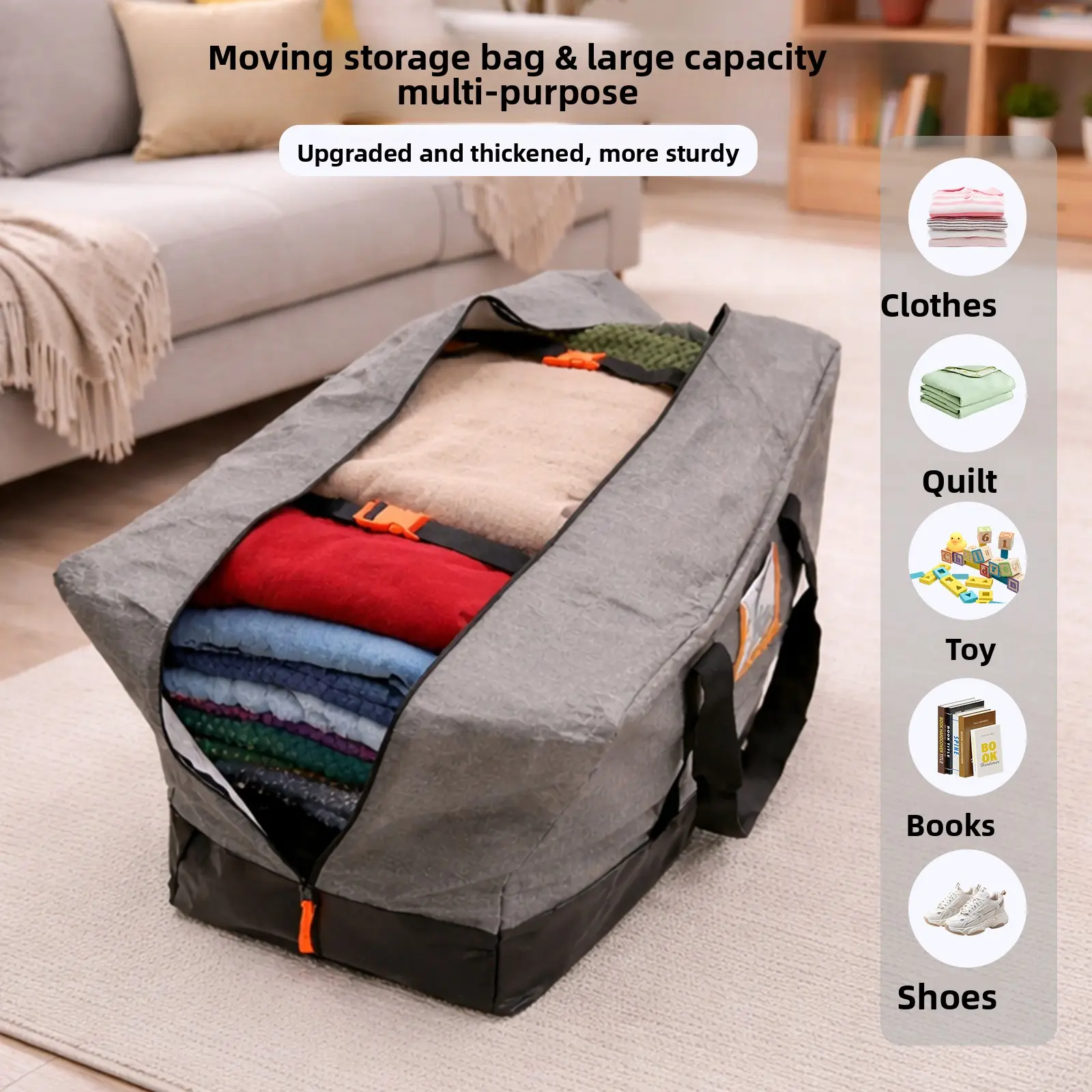 Upgraded Thickened Heavy Duty Oxford Moving Storage Bag Extra Large Capacity Waterproof Dustproof Clothing Organizer Tote Dual Reinforced Handles Adjustable Shoulder Strap Clear Label Window Wide Zipper Holds Quilts Clothes Toys Books Shoes Foldable