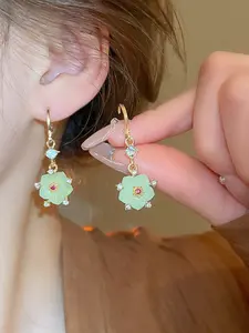 New Traditional Style Light Agate Flower Dangle Earrings, Copper Material, Ice Transparent Five-Petal Flower, Rhodolite Zircon Center