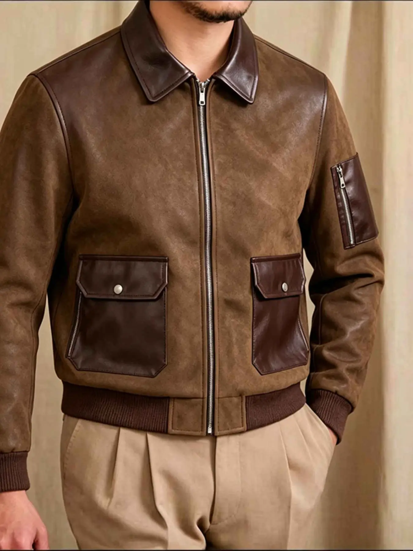 Men's Fall Winter New Suede Patchwork Leather Jacket, High-Quality Texture, Vintage Style, Multiple Pockets, Zipper Design, Casual Outerwear