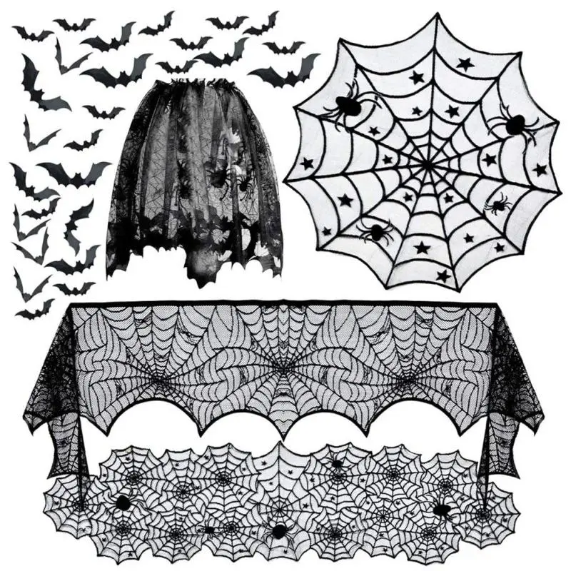 Halloween Tablecloth Bat Spider Web Black Lace Tablecloth Mantel Cloth Family Table Decoration Halloween Party Decoration