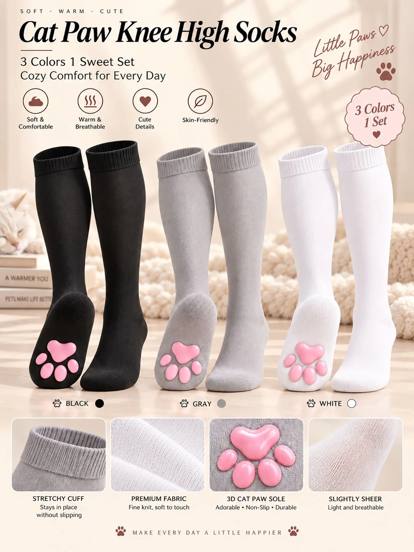 3 Pairs Women's Cat Paw Compression Socks, Promote Circulation, Best Support for Nurses, Running, Sports, Travel, Over-The-Knee Comfort, Cute