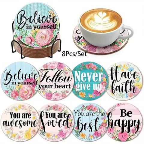 8-Piece Diamond Painted Coaster Set with Letter Patterns, DIY Diamond Art Craft Kit for Beginners, Home Decor Gift, Diamond Painting Kits, Handmade DIY Craft