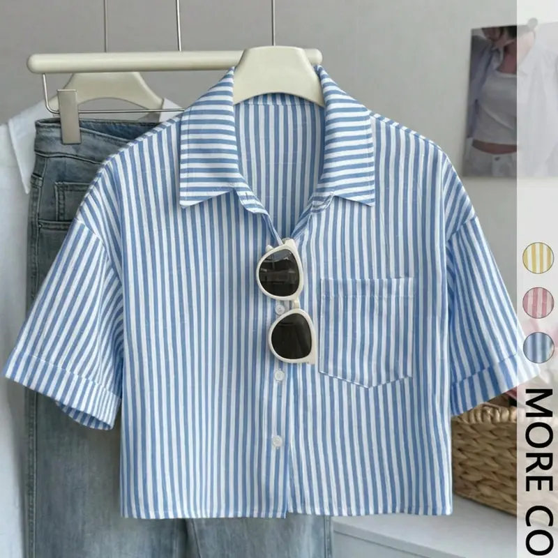 Women's Striped Print Casual Fitted Collared Button Front Fitted Shirt Blouses, Casual Short Sleeve Top for Summer, Ladies Clothes for Everyday Wear Womenswear