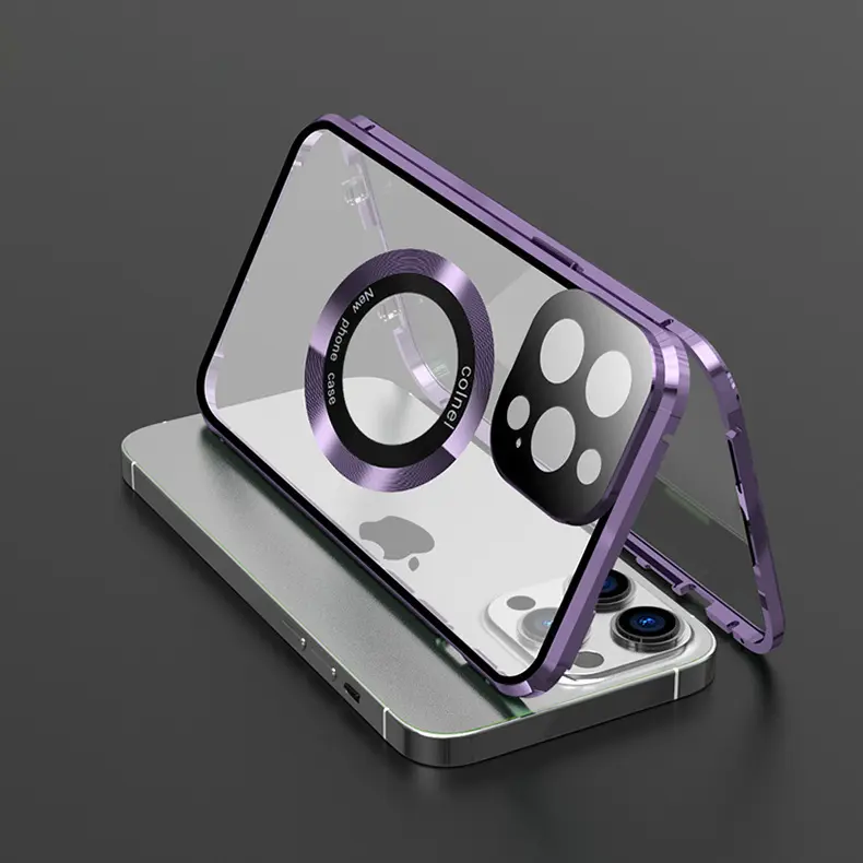 Snap Lock Double Magnet Frame Anti-Peep Protective Phone Case with Built-In Magnifier Lens, Eye-Care Privacy Filter Full Surround Shockproof Cover, Built-In Strong MagSafe Magnet Supports Fast Wireless Charging for iPhone 15,  iPhone 17 Pro Max, Portable,