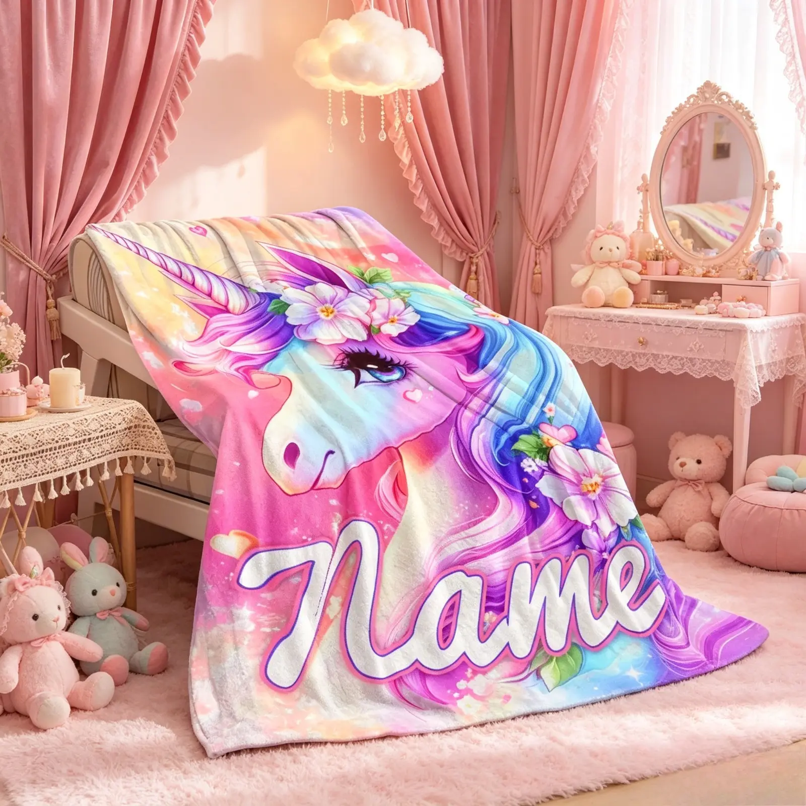 Custom Name Unicorn Floral Flannel Throw Blanket Colorful Fantasy Print Soft Cozy Lightweight Fleece Blanket Personalized Kids Blanket Baby Girl Gift for Sofa Bed Travel Camping Office Chair Bedroom Birthday Christmas Gift