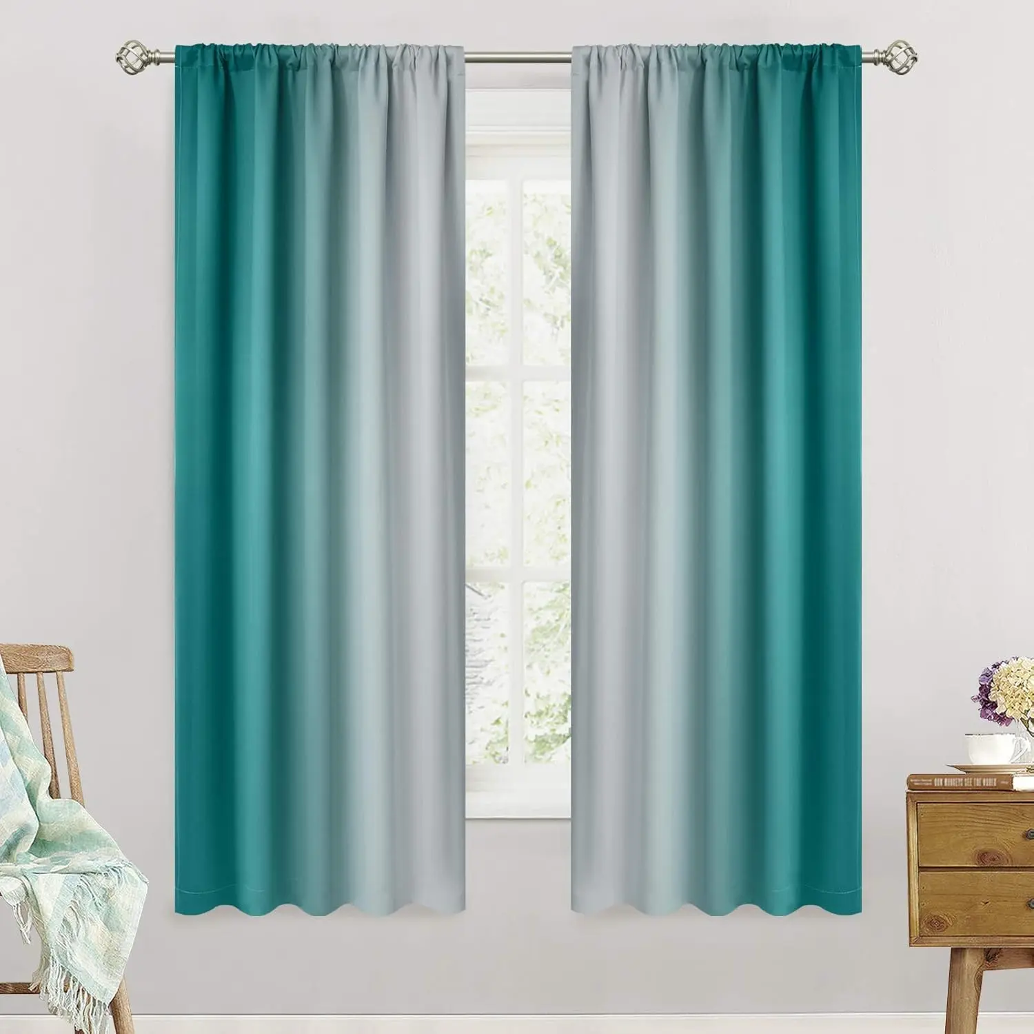 Ombre Room Darkening Thermal Curtains - 2 Panels, 52x63in, Rod-Pocket Soft Fabric Light Blocking Drapes, Gradient Teal to Greyish White, Teal-Purple, Light Blue, for Living Room, Bedroom