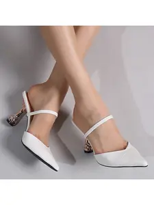White Croc Textured Pointed Toe Mules, Metallic Diamond Sculptured Heel Slip On Mule Sandals