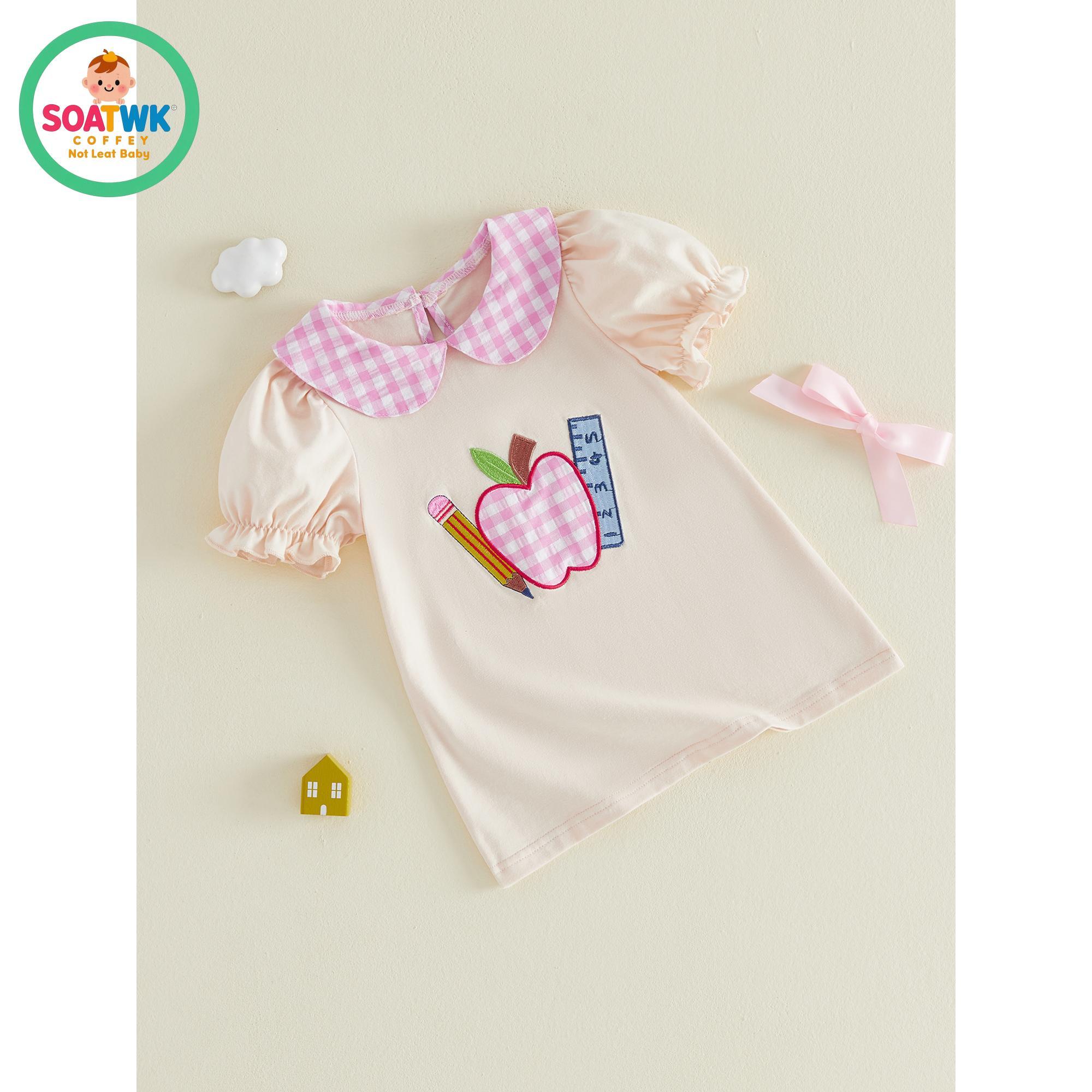 Little Girls Back to School Dress Summer Short Sleeve Plaid Doll Collar Apple Ruler Embroidered Dress