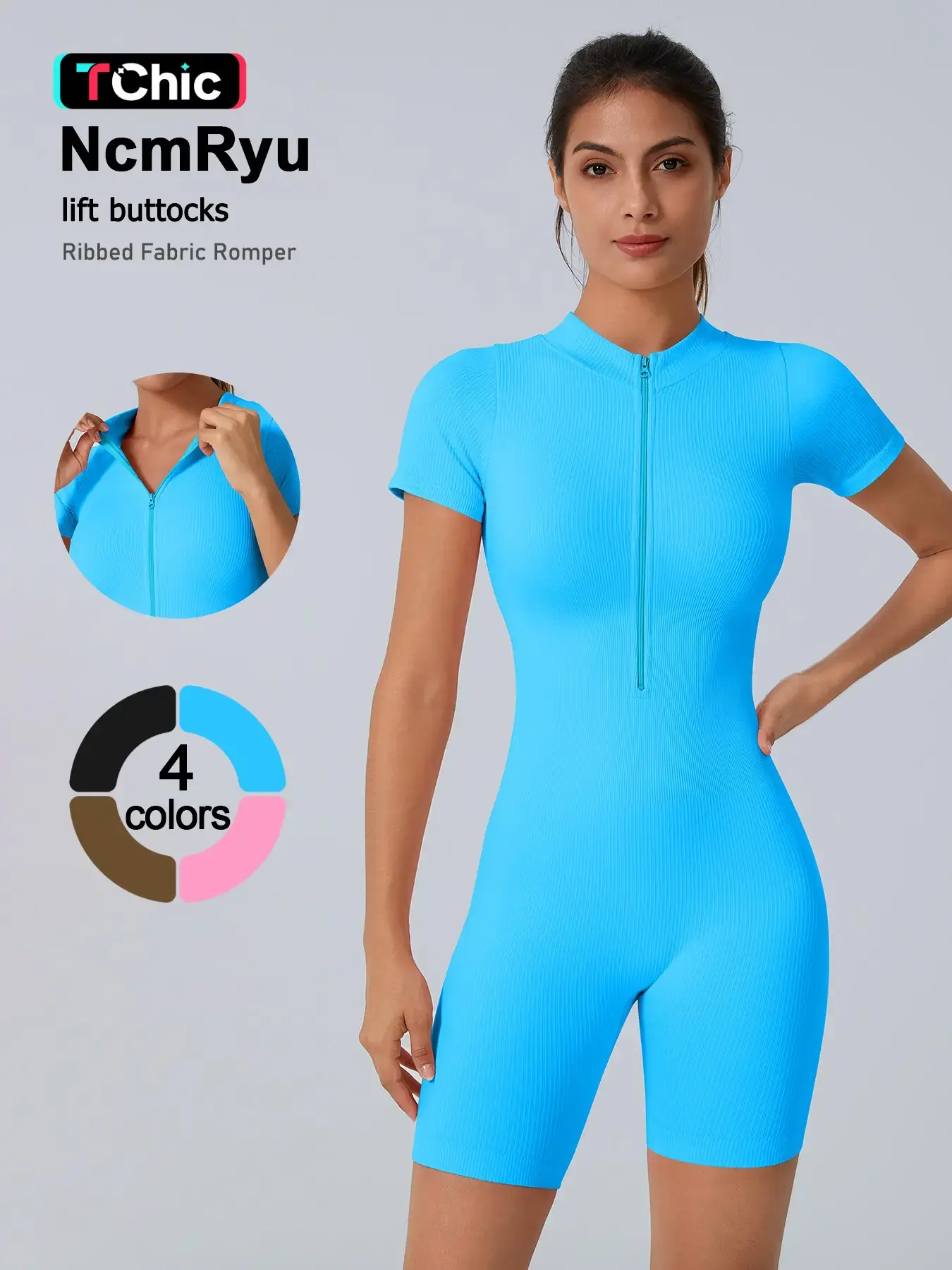 Women's Sportswear Bodysuit, Slim Fit Design, Invisible Zipper, Adjustable Neckline, Ribbed Knit Fabric, Tall and Slender Look, Shorts Jumpsuit