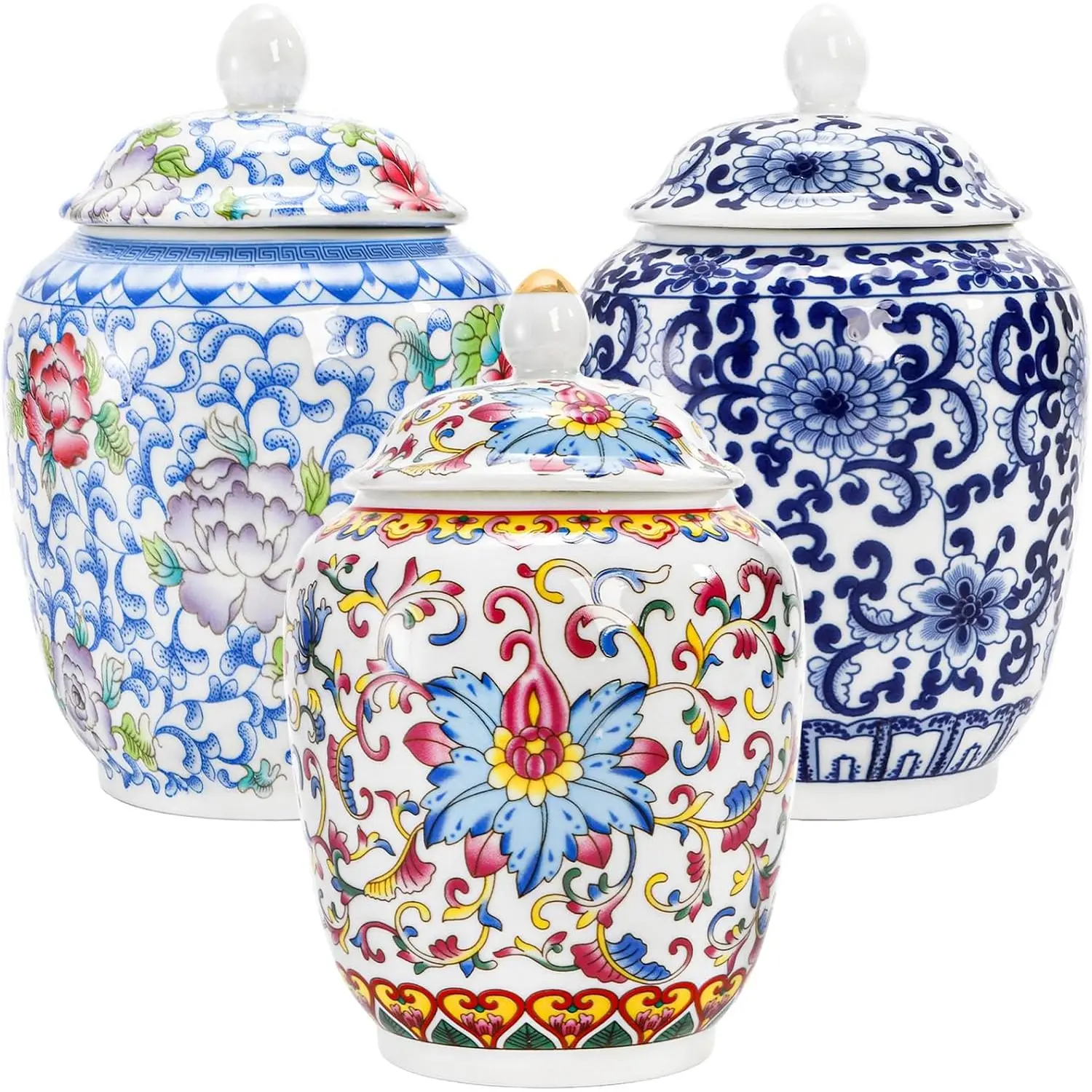 3-Piece Modern Blue and White Porcelain Salt Cellars with Airtight Lids, 250ml (Approx. 1 Cup) Ceramic Seasoning Crocks for Kitchen Countertop