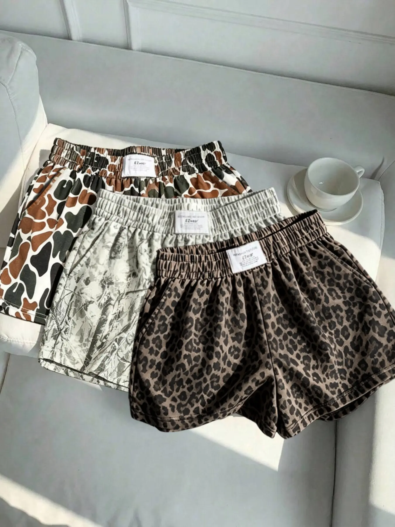 3-Pack Y2K Leopard & Camo Print Shorts, Loose-Fit Casual Wear, Breathable Fabric, Elastic Waist, Home Sleepwear, Beach Pants